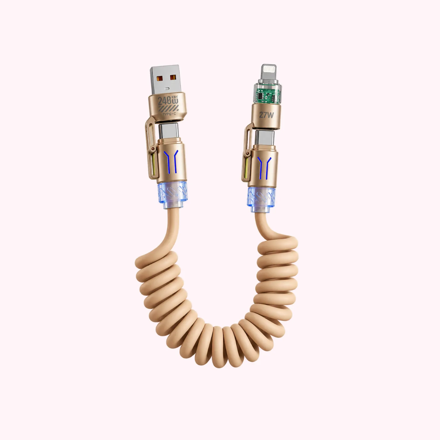Cáp sạc nhanh lò xo 4 trong 1 tiện lợi DC22 tải công suất tối đa 240W, chiều dài tối đa 2M